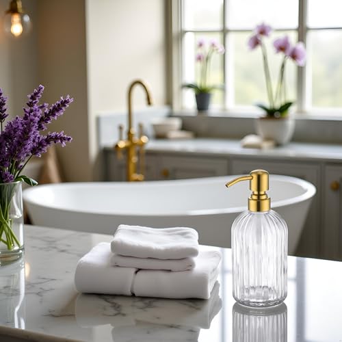 Image of Avola 16Oz Vertical Stripes Glass Soap Dispensers with Brushed Gold Rust Proof Pump, Refillable Bathroom Soap Dispenser for Hand soap, Lotion, Body Wash,Kitchen Soap Dispenser for Dish Soap