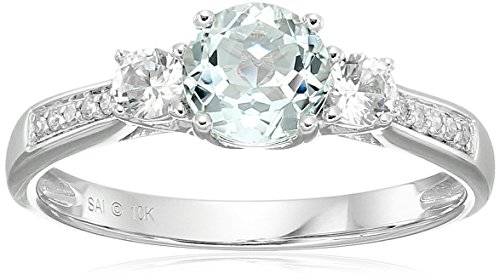 10k White Gold Aquamarine Created White Sapphire and Diamond Ring, Size 7