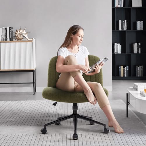 Image of IWMH Criss Cross Chair Cross Legged Office Chair with Wheels Armless Wide Seat Desk Chairs Height Adjustable Computer Task Chairs Swivel Vanity Chair for Home Office Bedroom Make Up Small Space Green