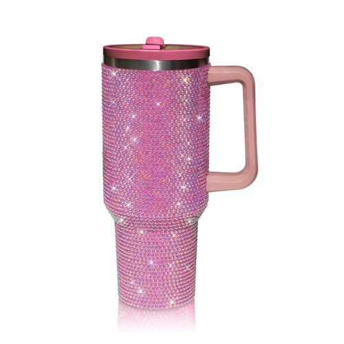 40 Oz Rhinestone Studded Tumbler with Handle Straw and Lid, Insulated Stainless Steel Double Layer Water Bottle for Women, Reusable Travel Coffee Mug (1200ml) Pink