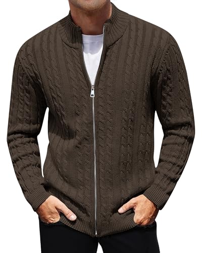 Image of AIYINO Mens Cardigan Ribbed Knit Sweater Full Zip Stand up Collar Jumpers for Men Long Sleeve Thick Pullover XL Brown