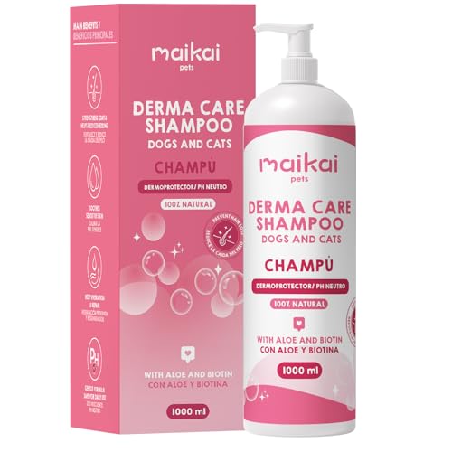 MAIKAI Champu Natural Perros Gatos Piel Sensible con Aloe Vera Biotina Hidratante Calmante Antipicores pH Neutro Fortalece Pelo Uso Frecuente Anticaida Regenerador Cicatrizante 1000ml
