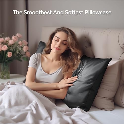 Image of INFIIXSO Silk Pillow Cases 2 Pack Standard Size, Ultra Smooth & Soft Mulberry Silk Pillow Case for Hair and Skin, Breathable Cooling Silk Pillowcase with Hidden Zipper (Black, 20x26 Inches)