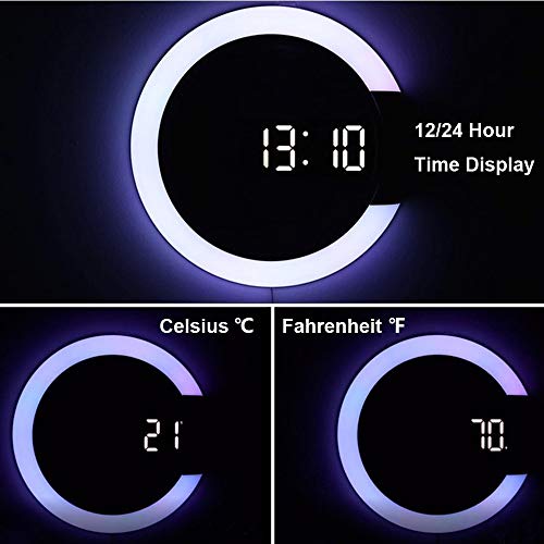 Agek Led Wall Clock, Usb Power Remote Control Digital Wall Clock Creative Led Mirror Wall Clock With Alarm/Temperature Ring Multicolor Light 12 Inch Round Hollow Wall Light With Color Switching #TOP4