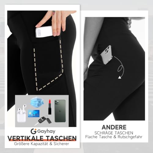 Gayhay Leggings Damen High Waist Sport Leggins mit Taschen Blickdicht Sporthose Lang Hose Bauchweg Laufhose für Sport Yoga Gym Schwarz S-M