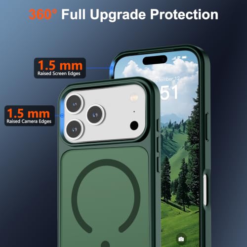 Image of SUPFINE Magnetic for iPhone 17 Pro Case with Screen Protector (Compatible with MagSafe)(Military Grade Drop Protection) Translucent Matte Phone Cover,Forest Green