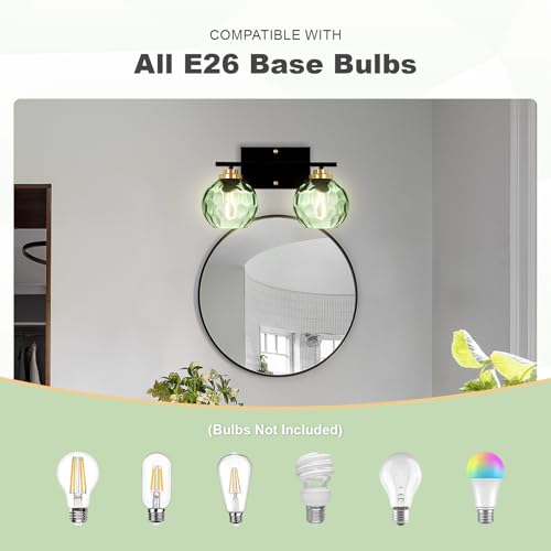 Image of Mid Century Wall Lamp 2-Light Green Glass Bathroom Vanity Light Fixture Shade Vintage Black Wall Sconce Light for Living Room Hallway Bedside (2-Light, Green)