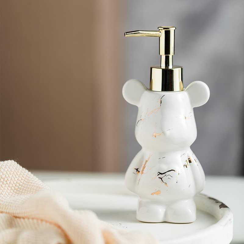 Miniatura 5 de Pequeño dispensador de jabón de baño con bomba, bonito diseño en forma de oso, dispensador de jabón líquido de cerámica (blanco mármol)