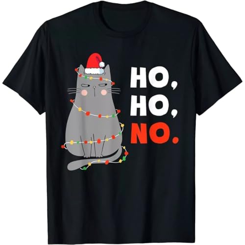 tf6jres Cat Christmas Funny Santa Cat Christmas Lights T-Shirt Black S