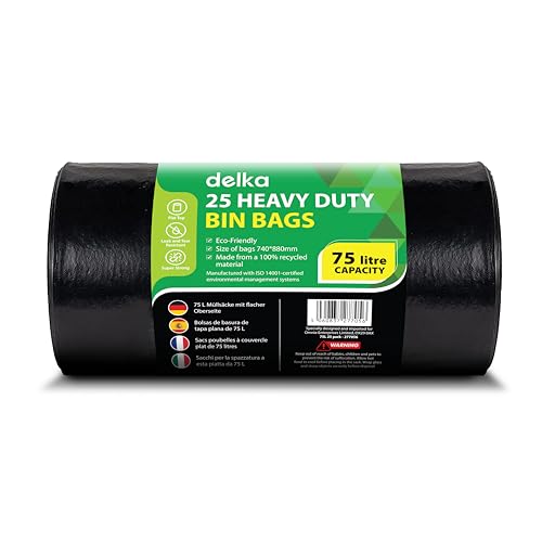 Delka Heavy Duty Black Bin Bags Extra Strong Leak-Proof Plastic Liners Ideal for Kitchen Home DIY & Garden Household Office & Catering Made from 100% Recycled Material (75L 25 Pack)