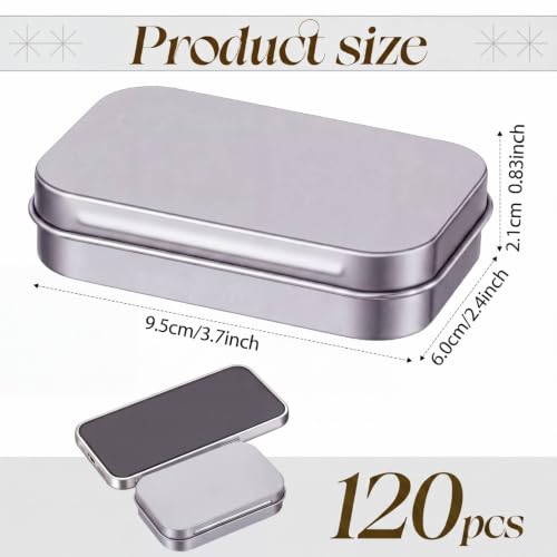 Image of Hotop 120 Pack Metal Rectangular Empty Hinged Tins 3.75 x 2.45 x 0.8 Inch Box Containers with Lids Mini Portable Box Small Storage Kit, Home Organizer (Silver)