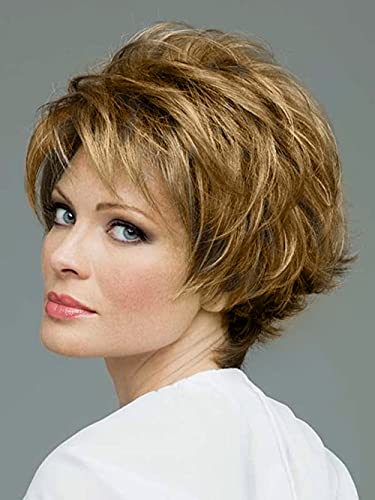 Layered Short Wig Mix Brown Blonde Wig Short Stylish Fluffy Layer Wig Shaggy Wavy Full Synthetic Wigs Heat Resistant Synthetic Wig