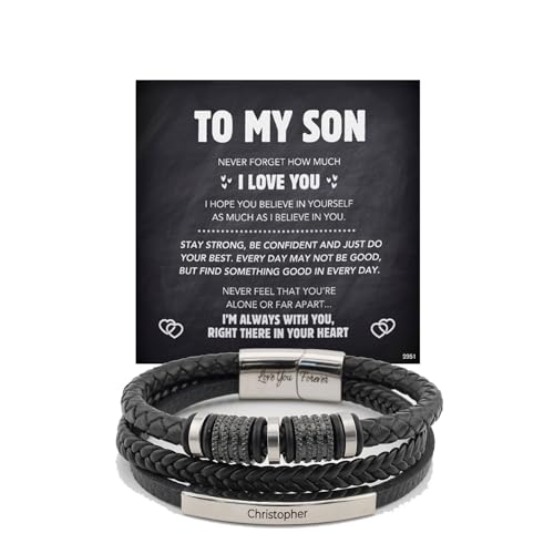 ziella To My Son Bracelet From Mom/Dad, Multi-Layer Braided Leather Bracelet,Personalized Engraved Gift for Men with Message Card And Gift Box (To My Son, 8.3inch)