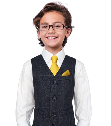 Image of Boy's Solid Tie with Pocket Square Set, Regular Necktie for Children and Kids, Self-Tied