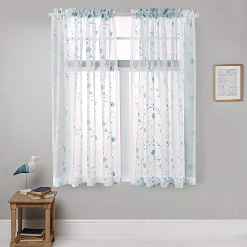 Floral Embroidery Sheer Curtains Blue 63 Inches, Rod Pocket Voile Drapes For Living Room, Bedroom, Window Treatments Semi Crinkle Curtain Panels For Yard, Patio, Villa, Parlor, Set Of 2, 52"X 63". #TOP1