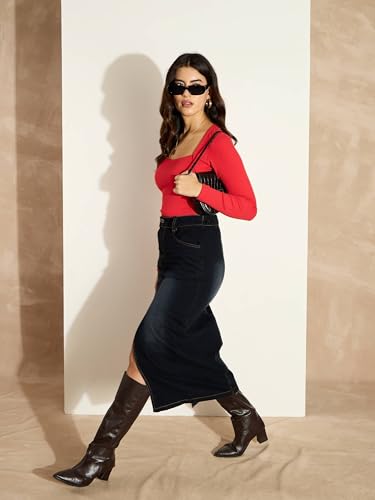 Image of SASSAFRAS Women's Slim Fit Full Sleeves Rib Square Neck Ribbed Basics - Casual Ribbed T-Shirt Tops
