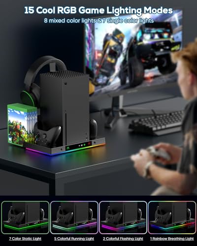 Nalacal Cooling Fan For Xbox Series X Console & Controller, Upgraded Rgb Charging Station, Stand, Wireless Dual Charger Dock Cooler System Stand With 15 Colorful Light Modes