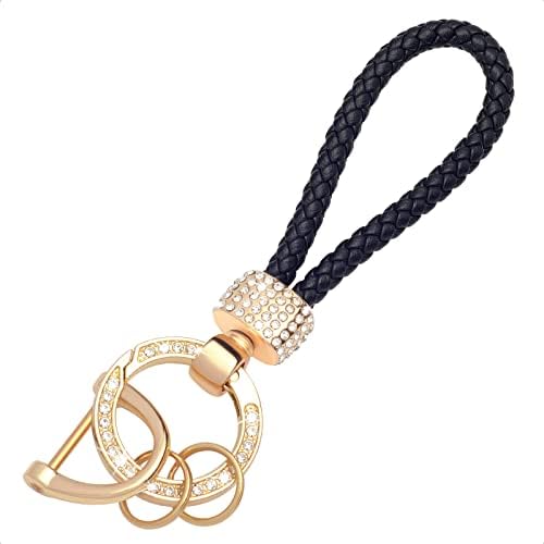 SK CUSTOM Black Leather cord buckle Gold key ring Bling Rhinestones keychain Fingerprint Resistant Plating Metal Key Chain Ring
