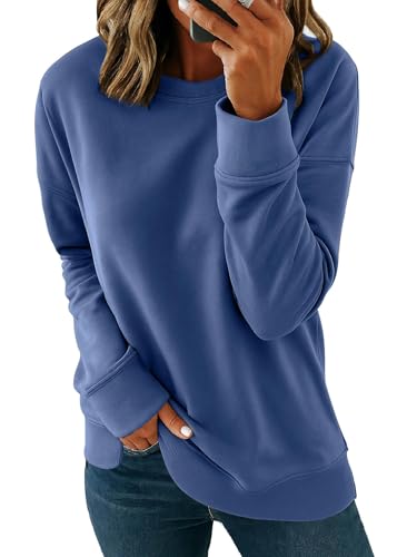 SMENG Sudaderas Tallas Grandes Mujer Cuello Redondo Color sólido Moda Casual Flexibilización Otoño Ropa Azul Oscuro S