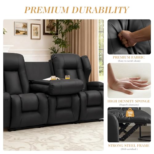 Image of Loveseat Recliner Sofa with Flip Middle Seat,3 Seater Reclining Couch Wall Hugger Recliners for Small Spaces,PU Leather Manual 3 Seater Sofa Recliner with Cup Holders /Lumbar Pillows,RV Furniture,Black