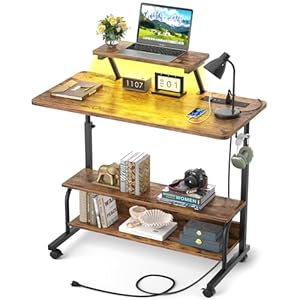 Height Adjustable Standing Desk with Power Outlets and LED Lights – 32″ Manual Stand Up Desk with Monitor Stand and Storage Shelves Small Mobile Rolling Computer Desk Portable Laptop Table, Rustic
