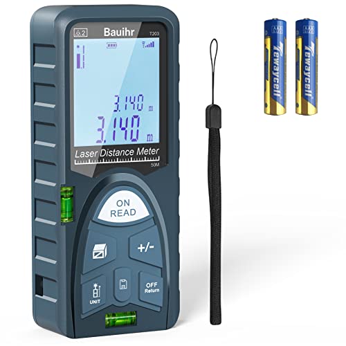 Bauihr Lasermessung: 50 m, Laser-Entfernungsmesser, 50 m, digitales Messwerkzeug mit 2 Blasenstufen, großes 4-zeiliges LCD-Display und wasserdicht IP54 (Batterie im Lieferumfang enthalten) Cover