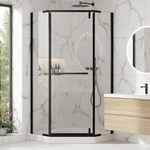 36' W x 72' H Neo-Angle Corner Shower Door, 36 Corner Shower Enclosure, Frameless Pivot Shower Door with 6mm Clear Tempered Glass for Walk-in Showers, Matte Black Aluminum, Base Not Included