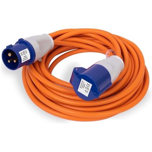 Heavy Duty Caravan Hook Up Cable 15M Extension Lead Cable 16 Amp Cable 240V Camping Extension Lead High Visibility Orange - Perfect for Campervans & Motorhomes (15M)