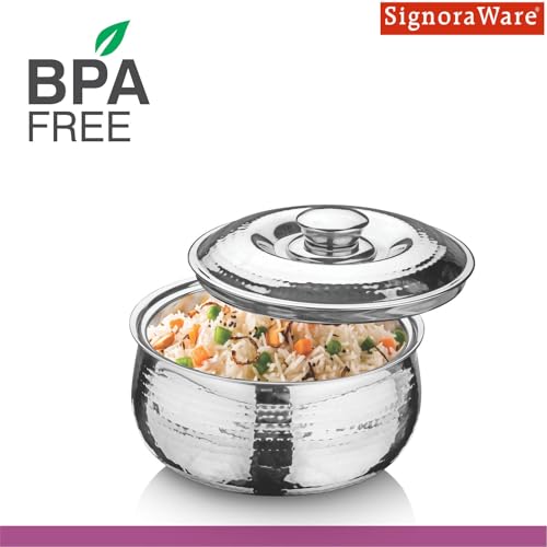 Image of Signoraware Hot Delight Hammered Stainless Steel Casserole | Airtight Lid | Retain Freshness | Great For Travelling or Small Gatherings | Perfect For Hot Curry, Chapatti & Rice (1 Ltr | Steel)