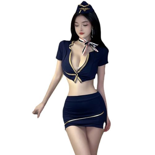 QNCLO Women's cosplay Halloween flight attendant uniform Japanese anime female secretary sexy lingerie (blue1)