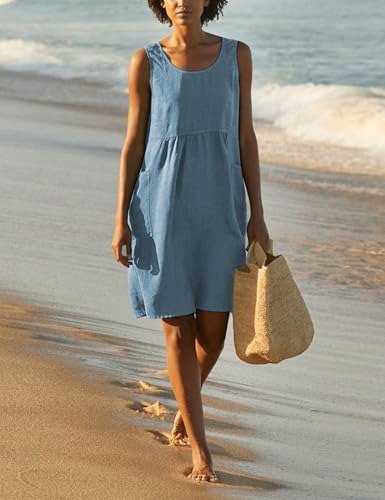 Image of Watashi Women Summer Sleeveless Dress Casual Cotton Linen Sundress Midi Tunic Tank Beach Dress with Pockets(Bluegrey-M)