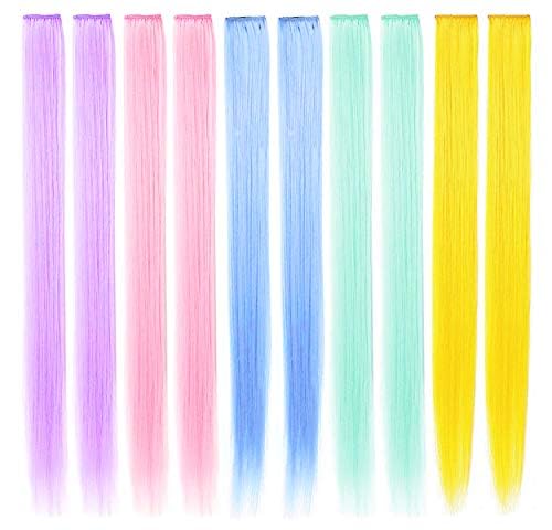 Miniatura 9 de 10 extensiones de cabello sintético de colores con clip, resistentes al calor, para fiestas, de 21 pulgadas (azul claro, rosa claro, verde claro,