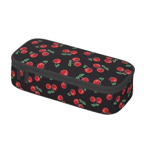 Image of Red Cherry Black Pencil Case Big Capacity Storage Pencil Pouch Stationery Bags With Zipper Portable Pen Holder Box Organizer For Boys Student College School Office Supplies
