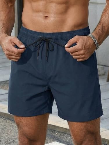 Runcati Badehose Herren Schnelltrocknend Badeshorts Männer Einfarbig Strand Schwimmhose Elastische Taille Sport Trainingsshorts mit Mesh-Futter und Reißverschlusstasche Blaugrau L