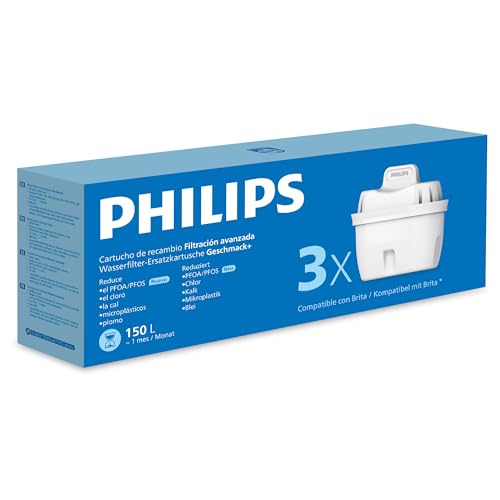 Philips Water Cartuchos de filtro de agua de repuesto Filtración Avanzada, pack de 3 filtros, reduce los MICROPLÁSTICOS, el CLORO, la CAL, los METALES PESADOS, Compatible con brita*