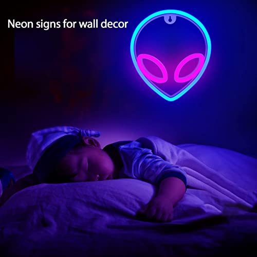 Image of YouOKLight neon signs for wall decor. alien neon lights signs,led neon signs wall mount USB or battery powered with On /off Switch,light up for home,kids room,children's day,pink inside,blue outside.