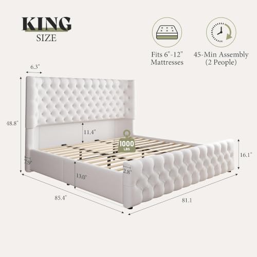 Image of AMERLIFE King Upholstered Bed with Headboard, Wingback, White Linen