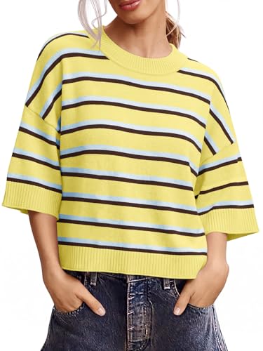 Image of Saodimallsu Womens Short Sleeve Sweater Oversized Cropped Sweaters Knit Top