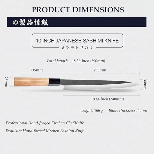 MITSUMOTO SAKARI Japanese Sashimi Yanagiba Knife, 10 inch Tungsten Alloy Single-Sided Professional Sushi Knives, Kitchen Fish Slicing Fillet Knife(Fraxinus Mandshurica Handle) - Image 4