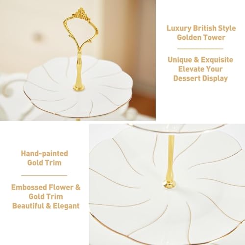 DUJUST Luxury Larger 3-Tier Cupcake Stand Tower, British Style Porcelain Serving Tray with Golden Trim, Food Grade Dessert Display Stand for Tea Party & Home Décor - 45% Larger Plates - Image 5
