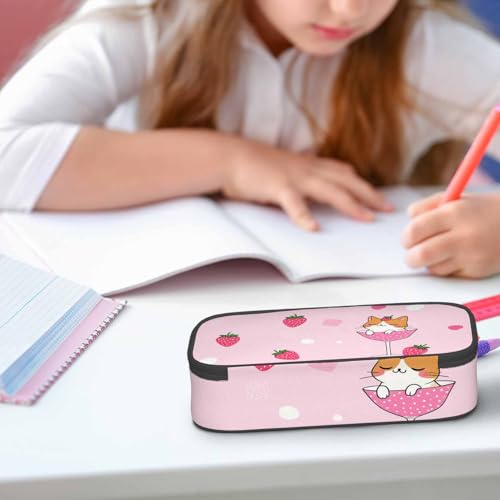 Image of Cute Cat Pencil Case Pink Fruit Strawberry Wine Glass Pencil Bag Pouch Box Organizer for College School Students Boy Girl