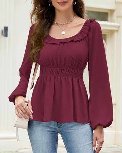 Womens Puff Long Sleeve Babydoll Tops Square Neck Ruffle Peplum Blouse Smocked Loose Fit Tunic Top Dressy Tee Shirts2