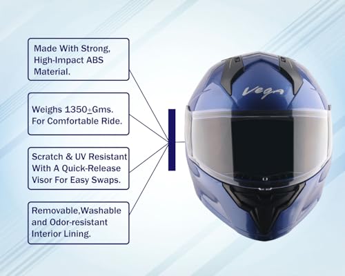 Image of Vega Sonic Solid Full Face Motorcycle Helmet with Shock Absorbing Liner, Comfortable Interior, Lightweight Shell, Aerodynamic Design, Ventilated Fit, and Trendy Blue Finish Blue-L