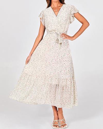 Image of BTFBM Women Summer Bohemian Floral Casual Wrap V Neck Ruffle Cap Sleeveless Belt A-Line Pleated Hem Midi Sun Dress White