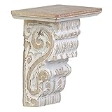 Estante ménsula de color blanco con acabado decorativo rozado que deja a la vista el fondo natural, elaborado con tableros de fibras de madera de densidad media, trabajado con formas ornamentales arabescas talladas en relieve.
