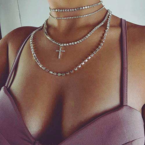 Jovono Multilayered Cross Pendant Necklaces Layered Crystal Necklace Chain Jewelry for Women and Girls (Silver)