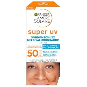 Garnier Anti-Aging Sonnencreme mit LSF 50, Sonnenschutz mit Hyaluron und Vitamin B gegen Falten und Trockenheit, Ambre Solaire, 1 x 50 ml