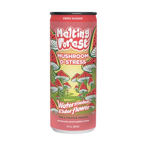 Melting Forest Mushroom D-Stress Drink - Reishi & Lion's Mane - Stress Relieving & Focus - Cognitive Function & Mental Clarity - 12 Pack - Watermelon Elderflower