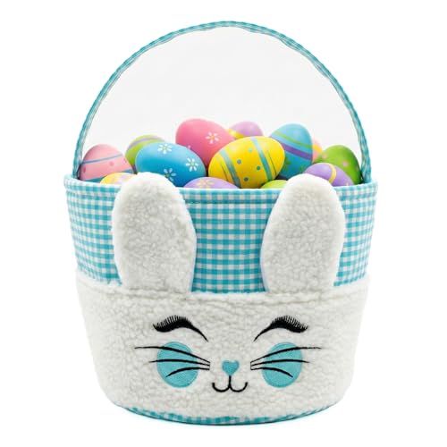 Plush Bunny Easter Basket for Adults, Plaid Easter Egg Hunt Bucket Bag with 3D Rabbit Ears, Soft Plush Canvas Easter Candy Gift Tote