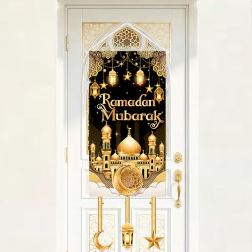 DPKOW Ramadan Mubarak Décorations pour Porte, Lanterne en Tissu Noir et Or, mosquée, bannière Islamique Musulmane, décorations pour Le Ramadan